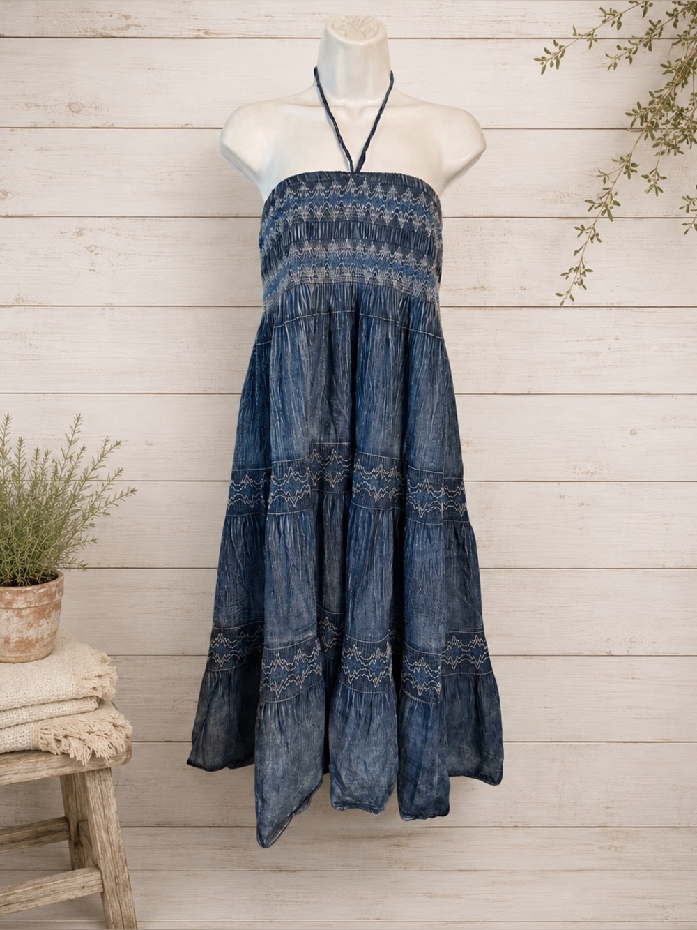 Lapis Convertible Smocked Halter Dress Maxi Skirt Boho Festival M